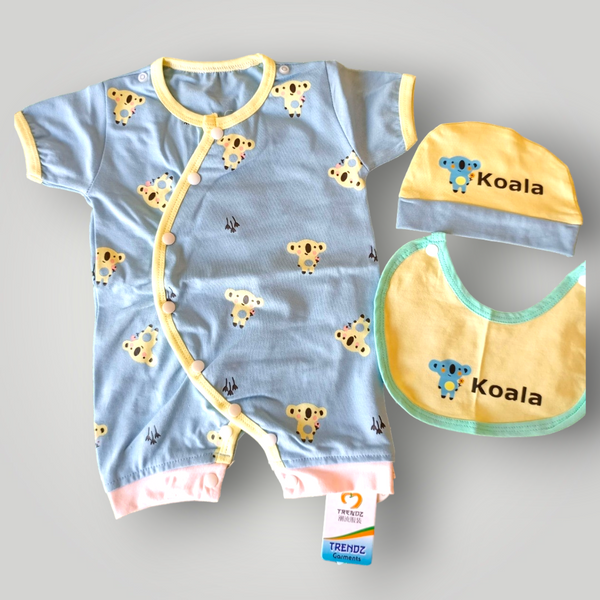 Koala Printed Romper with Bib & Cap - 3 Pc Imported Suit