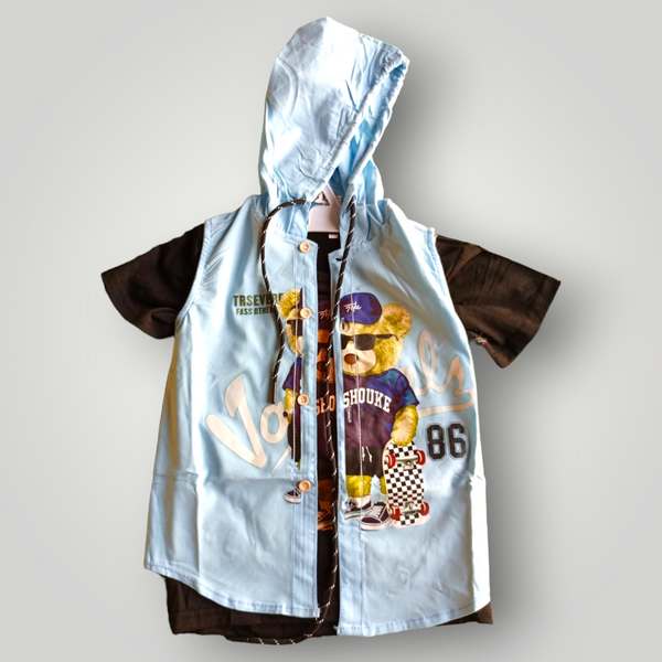Bear Printed Double Shirt - Light Blue & Black
