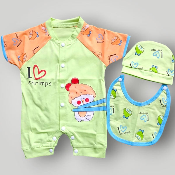 I Love Shrimps Printed Romper with Bib & Cap - 3 Pc Imported Suit