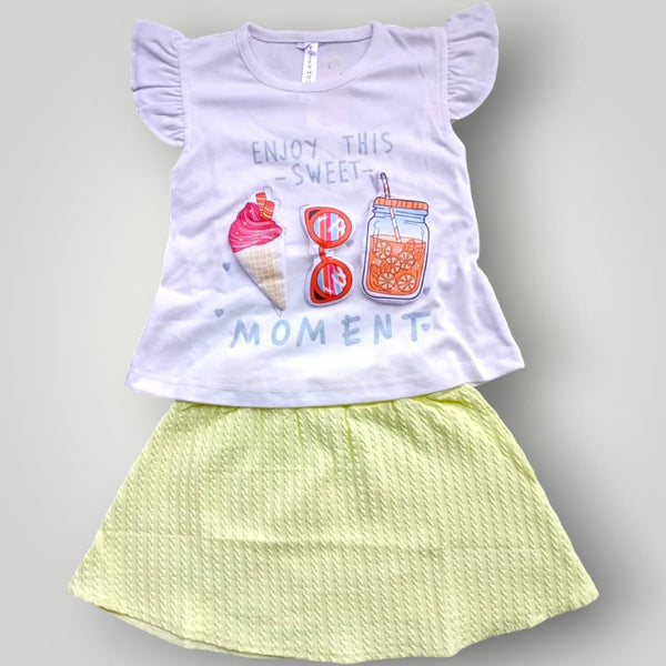 Ice Cream Printed White Shirt with Skirt - 2 Pc Suit