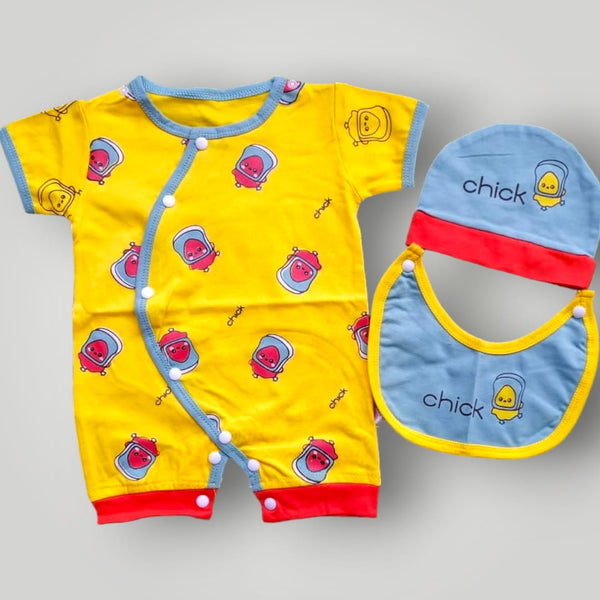Chick Printed Romper with Bib & Cap - 3 Pc Imported Suit