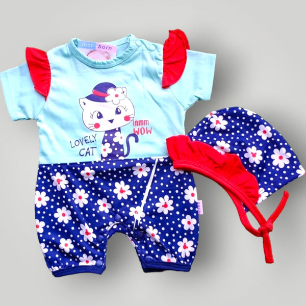 Lovely Cat Printed Romper with Cap