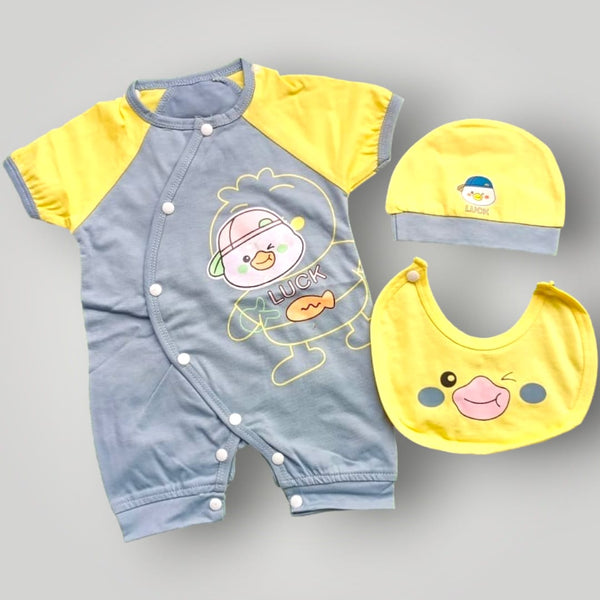 Duck Luck Printed Romper with Bib & Cap - 3 Pc Imported Suit