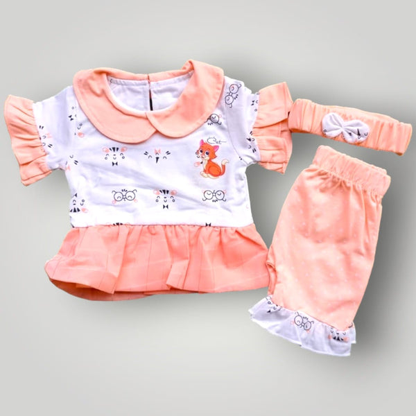 Cat Printed Frock Style Suit with Band